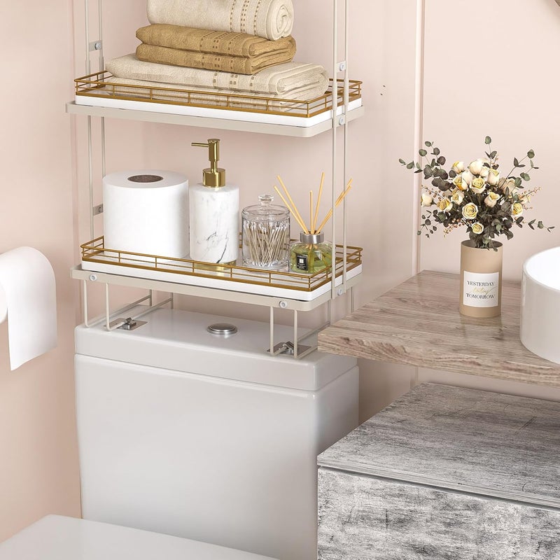 Focusonit Bathroom Toilet Tank Tray, 13" Wood Toilet Paper Storage Basket Tray Back of Toilet Basket Organizer,Vanity Tray for Perfume Makeup Candle Decor, Gold & White - Image 5