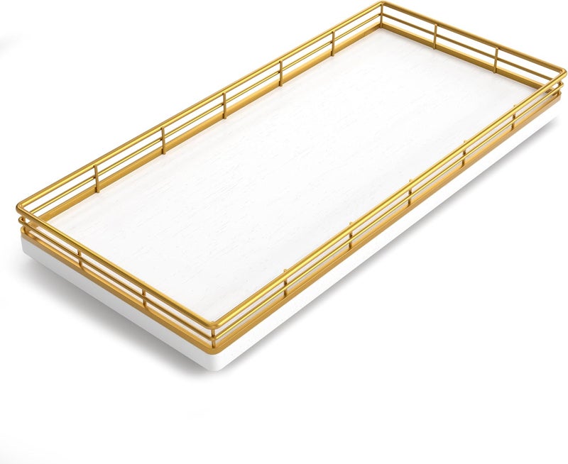 Focusonit Bathroom Toilet Tank Tray, 13" Wood Toilet Paper Storage Basket Tray Back of Toilet Basket Organizer,Vanity Tray for Perfume Makeup Candle Decor, Gold & White - Image 2