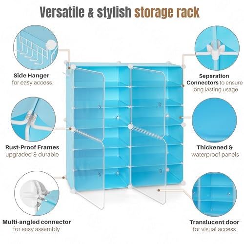 ABOUT SPACE Shoe Rack for Home with Door - 24 Pair DIY Slipper Stand with Hanger, 4 Cube Expandable Shelves Closed Shoes Rack for Home Men, Women Heels Boots Flip-Flops (Blue-L 80 x B 30 x H 90 cm) - Image 3
