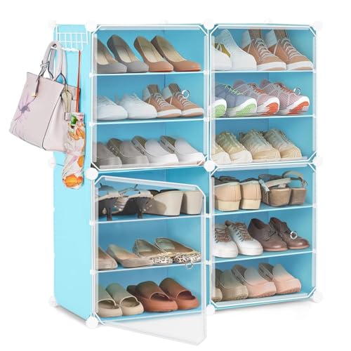 ABOUT SPACE Shoe Rack for Home with Door - 24 Pair DIY Slipper Stand with Hanger, 4 Cube Expandable Shelves Closed Shoes Rack for Home Men, Women Heels Boots Flip-Flops (Blue-L 80 x B 30 x H 90 cm) - Image 1