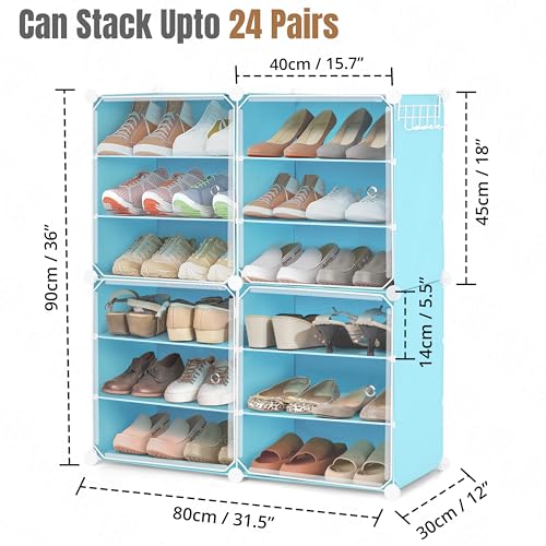 ABOUT SPACE Shoe Rack for Home with Door - 24 Pair DIY Slipper Stand with Hanger, 4 Cube Expandable Shelves Closed Shoes Rack for Home Men, Women Heels Boots Flip-Flops (Blue-L 80 x B 30 x H 90 cm) - Image 2