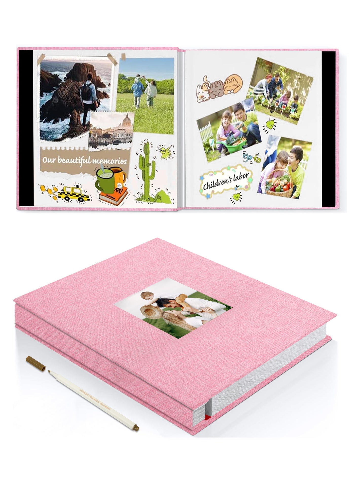 Large Photo Album Scrapbook with Window, Linen Self Adhesive Scrapbook Album, Wedding Anniversary Birthday Valentines Day, 28cm x 27cm 40 Blank Pages Memory Book with A Metallic Pen Pink