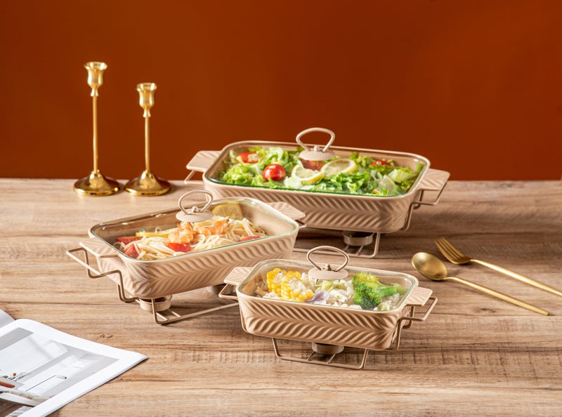 دوف طقم دفايات الطعام مستطيلة من البورسلان البني مع حامل شمعة وغطاء زجاجي – 3 قطع بمقاسات 10 و12 و14.5 بوصة