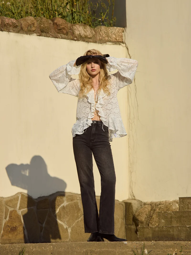 Lichi  Openwork blouse with voluminous flounces on the collar for Women | Best Price UAE