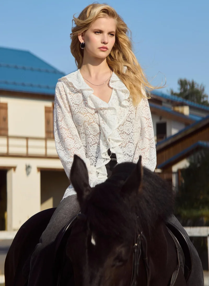 Lichi  Openwork blouse with voluminous flounces on the collar for Women | Best Price UAE