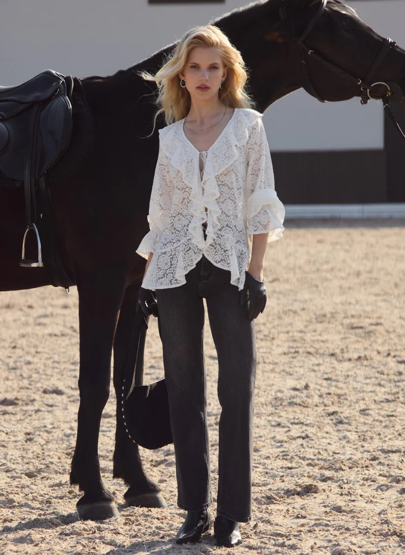 Lichi  Openwork blouse with voluminous flounces on the collar for Women | Best Price UAE
