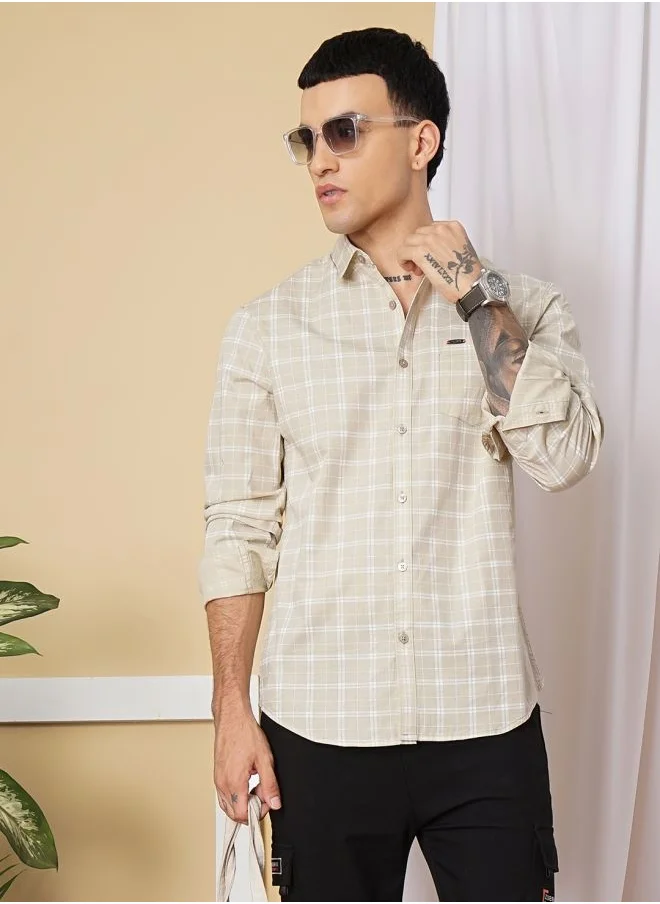 شركة المرآب الهندية Men Slim Fit Checkered Full Sleeves Spread Collar Casual Shirt