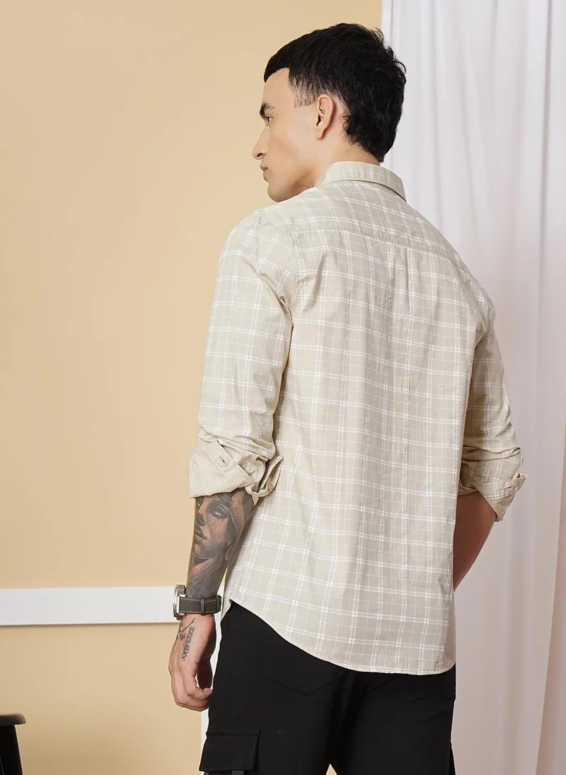 شركة المرآب الهندية Men Slim Fit Checkered Full Sleeves Spread Collar Casual Shirt