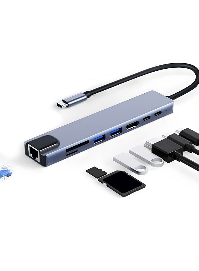 8-in-1 Docking Station Multi-function USB-C HUB with USB (2.0/3.0/C), HDTV, SD/TF Card Reader, PD Charging, Ethernet Port, for Phone, Computer