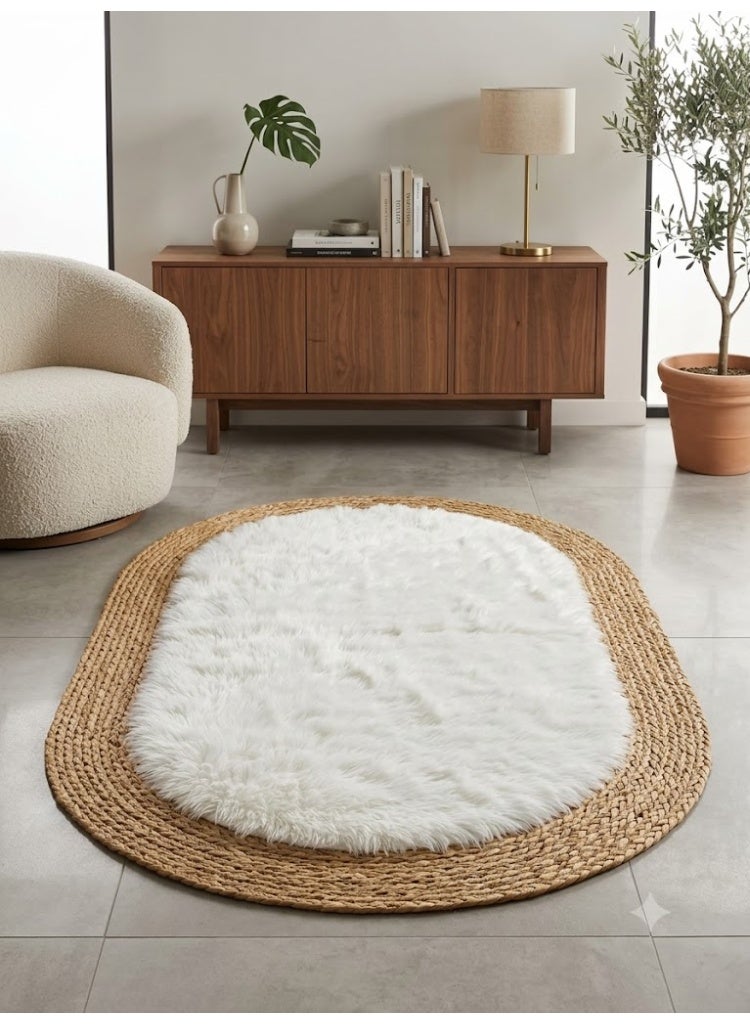 Handmade oval rug (bamboo and faux fur), 80×120 cm. - Image 1