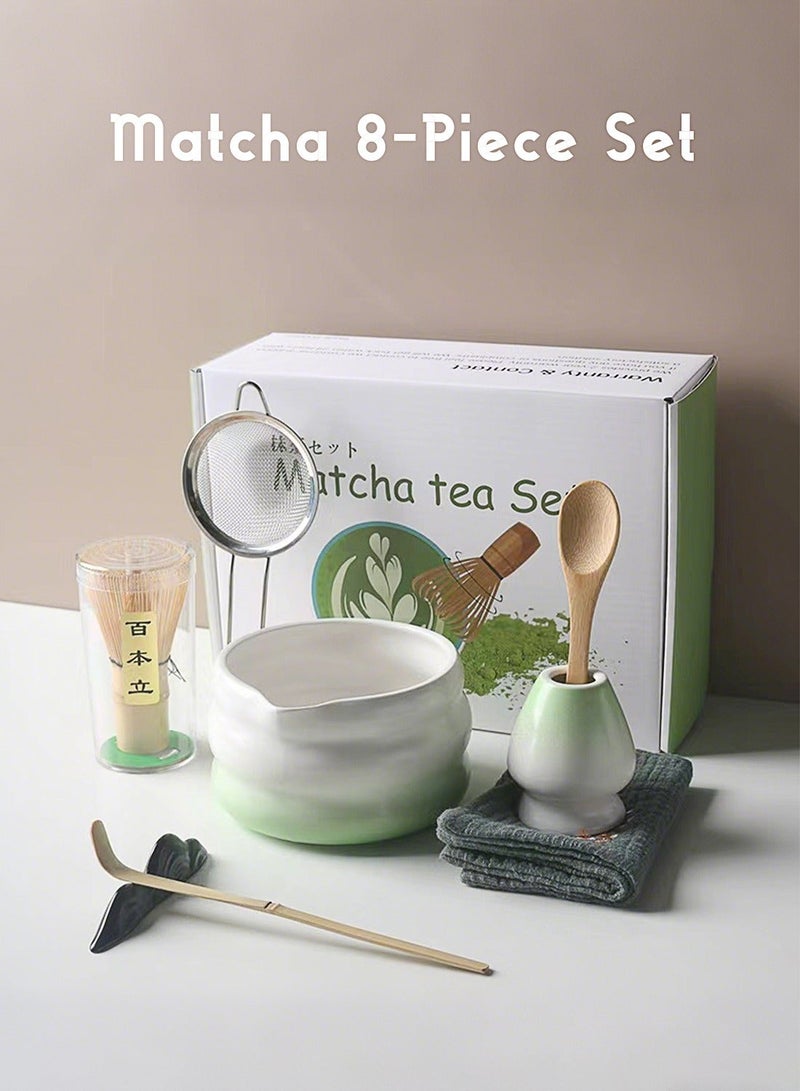 طقم شاي ماتشا 8 قطع شامل كوباية ماتشا، فرشاة خيزران، معلقة، حامل الفرشاة، مصفاة استانلس ستيل وطقم الشاي كامل، بيقدم ماتشا بطريقة تقليدية (اخضر متدرج) - Image 1