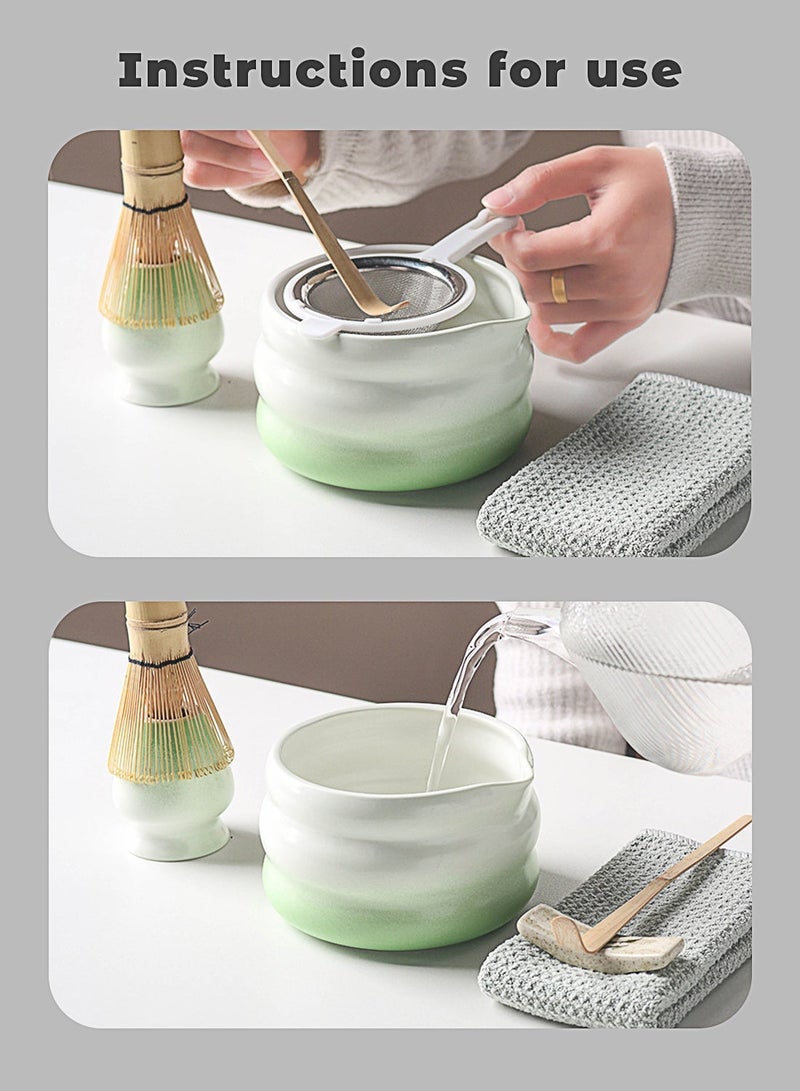 طقم شاي ماتشا 8 قطع شامل كوباية ماتشا، فرشاة خيزران، معلقة، حامل الفرشاة، مصفاة استانلس ستيل وطقم الشاي كامل، بيقدم ماتشا بطريقة تقليدية (اخضر متدرج) - Image 2