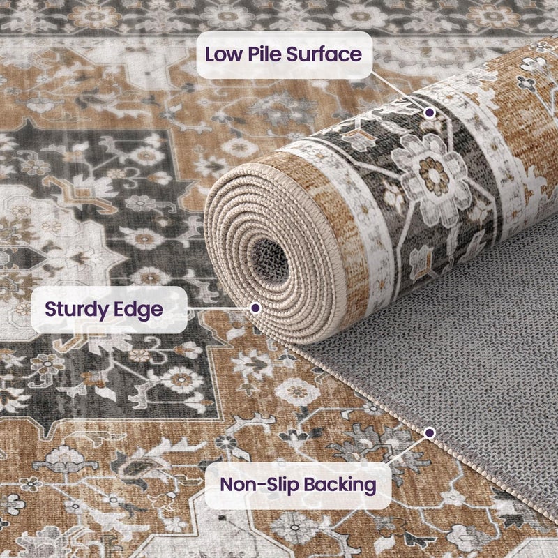 DEXI Area Rug for Living Room, 240x300 cm Washable Vintage Farmhouse Thin Rug Indoor Floor, Non Slip Stain Resistant Low Pile Big Carpet for Dining Room Bedroom Office, Brown - Image 4
