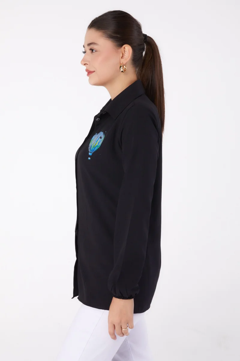 Tofisa Plain Shirt Collar Women's Black Printed Shirt - 13341