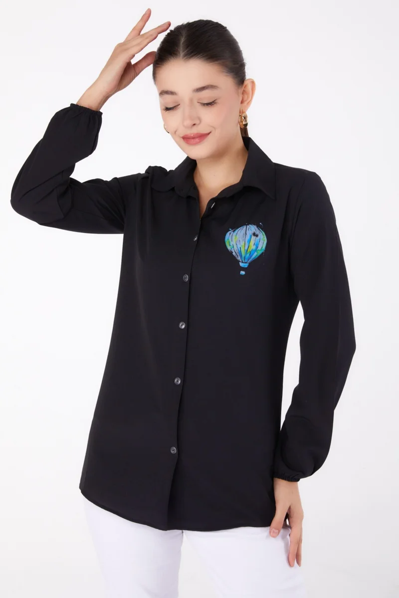 Tofisa Plain Shirt Collar Women's Black Printed Shirt - 13341