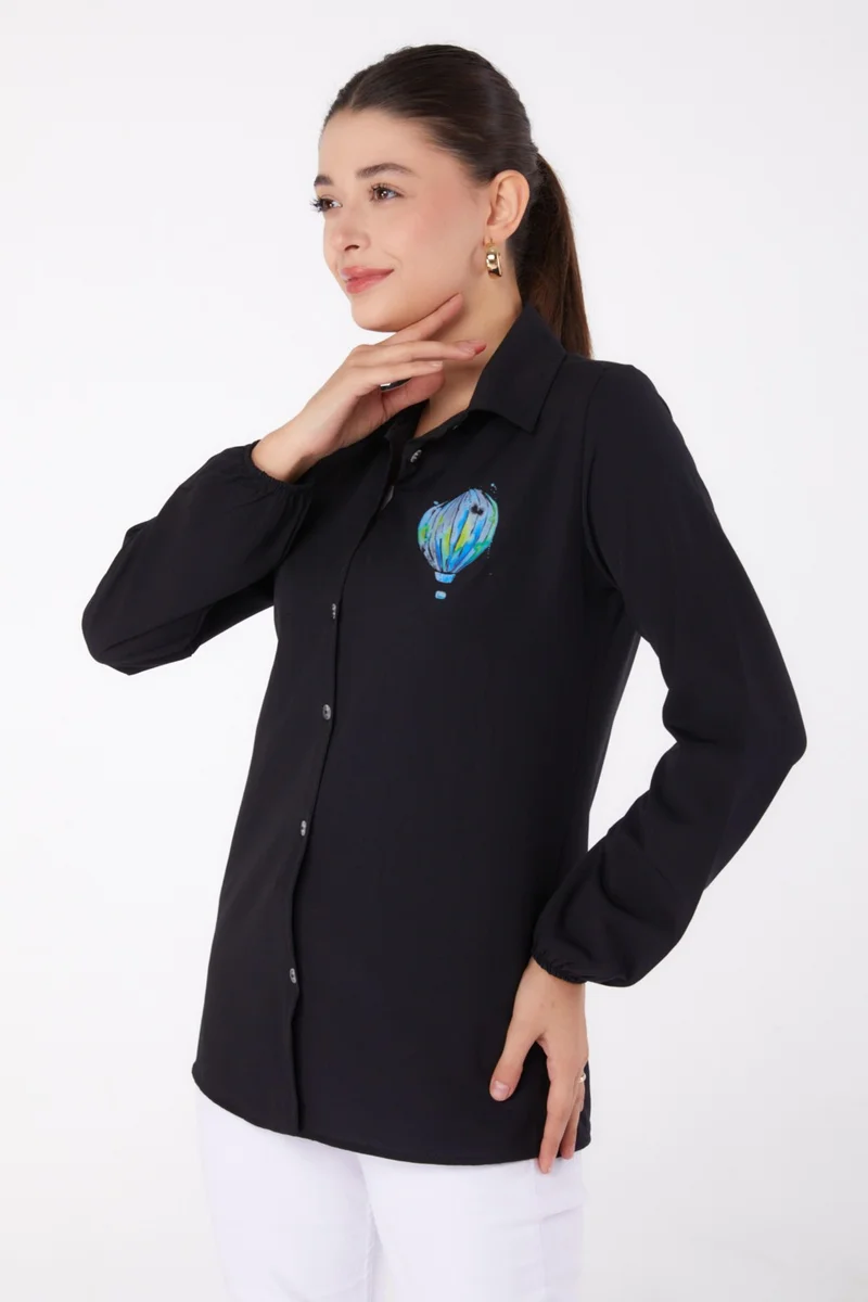Tofisa Plain Shirt Collar Women's Black Printed Shirt - 13341
