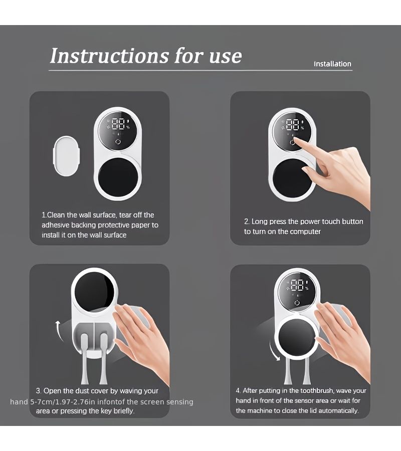 Smart Dual Induction Toothbrush Holder With Automatic Sensor Storage USB Charging LCD Digital Display Easy Wall Mount Installation No Drilling Required - Image 4