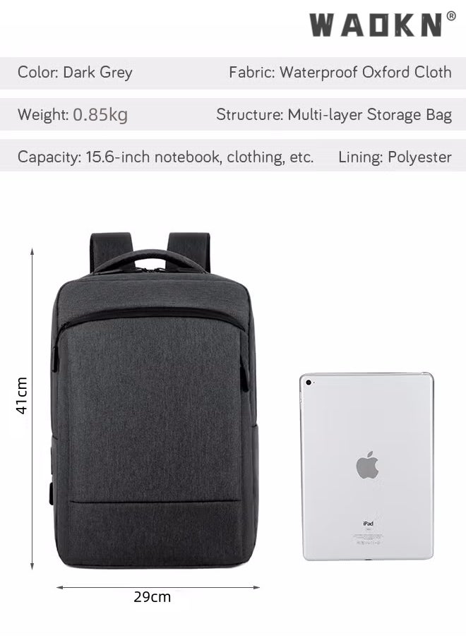 WAOKN - Casual Breathable Large Capacity Oxford School Bag Travel Laptop Backpack Business Rucksack with USB Charging Port Men College School Bag Work Travel Flight Business 15.6" Laptop Dark Grey - Image 1