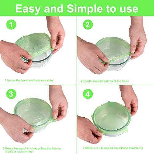 ONEGOL Silicone Stretch Lids, 12 Pack Silicone Lids, 6 Sizes BPA-free Silicone Bowl Covers Reusable for Cups, Bowls and Dish, Flexible, Round and Rectangle Fit 2.6” - 8.2” Container, Green & Blue - Image 4