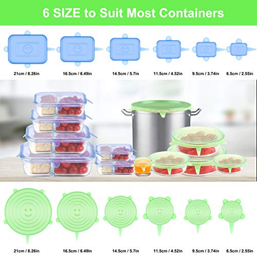 ONEGOL Silicone Stretch Lids, 12 Pack Silicone Lids, 6 Sizes BPA-free Silicone Bowl Covers Reusable for Cups, Bowls and Dish, Flexible, Round and Rectangle Fit 2.6” - 8.2” Container, Green & Blue - Image 5