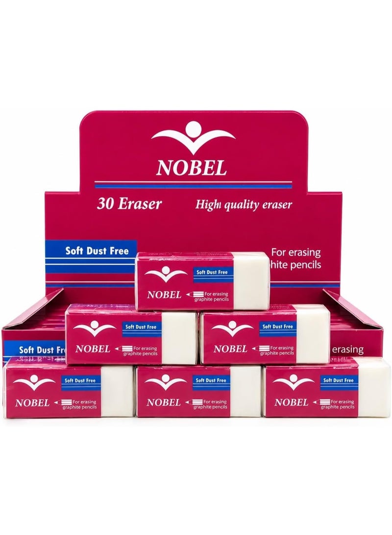 High-Quality Soft Dust-Free Erasers Pack of 30 - Non-Toxic White Rubber Erasers for School, Drawing & Office Use