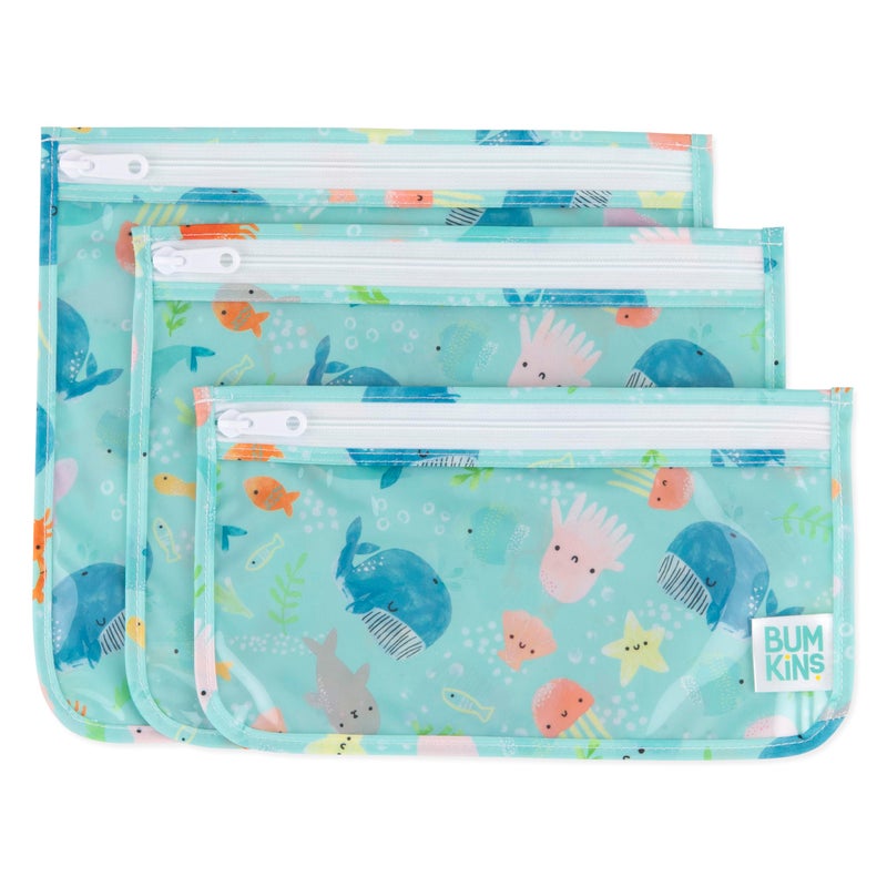 Bumkins Travel Bag Toiletry TSA Approved Pouch Zip Bag Quart Size Airline Compliant ClearSided Baby Diaper Bag Organization Makeup Accessories Packing Set of 3 Sizes Ocean Life Blue