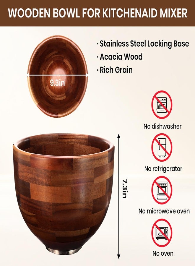 COOBL Wood Mixing Bowl for KitchenAid, 5QT Natural Acacia Wooden Bowl Compatible with KitchenAid 4.5&5 QT Tilt-Head Stand Mixer, with Stainless Steel Locking Base, for Baking & Mixing - Image 3