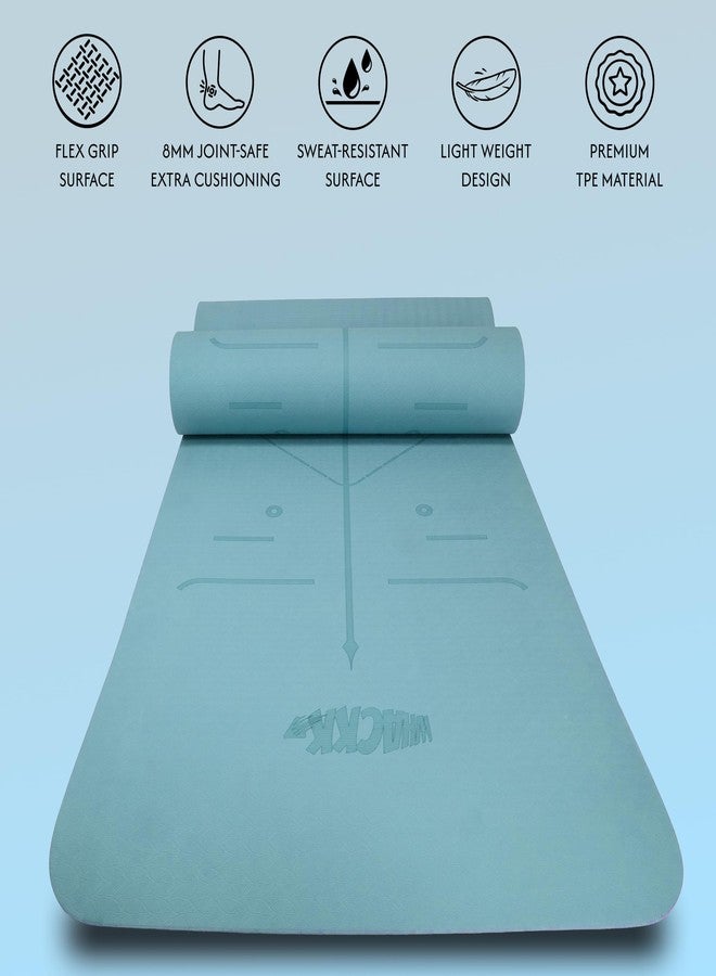 Whackk TPE 8mm Laser Engraved Position Marking Yoga Mat|Fog Blue |Non-Slip Mat ext Thick extra cushioning for knee w. Carry Strap|Lightweight & Eco-Friendly Non Toxic I Exercise and Fitness - Image 2