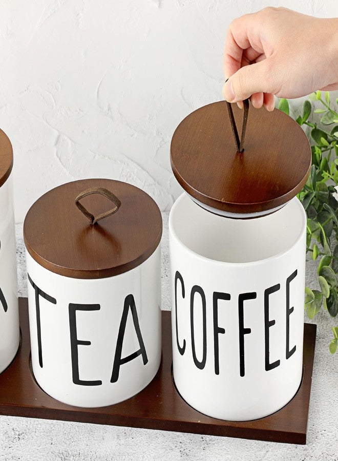 JUXYES Set of 3 Ceramic Canisters Set for Sugar Coffee Tea With Tray, Farmhouse Storage Containers Sets with Lids Decorative Storage Pots White Ceramic Storage Jar for Kitchen Dining Counter, S, M, L - Image 5