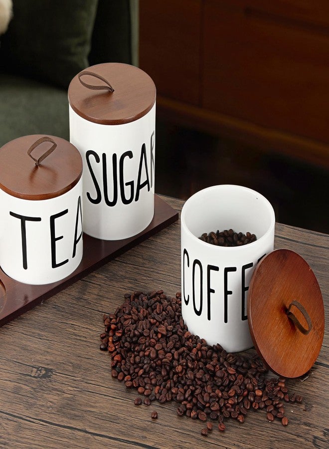 JUXYES Set of 3 Ceramic Canisters Set for Sugar Coffee Tea With Tray, Farmhouse Storage Containers Sets with Lids Decorative Storage Pots White Ceramic Storage Jar for Kitchen Dining Counter, S, M, L - Image 3