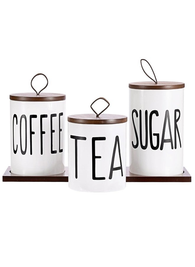 JUXYES Set of 3 Ceramic Canisters Set for Sugar Coffee Tea With Tray, Farmhouse Storage Containers Sets with Lids Decorative Storage Pots White Ceramic Storage Jar for Kitchen Dining Counter, S, M, L - Image 1