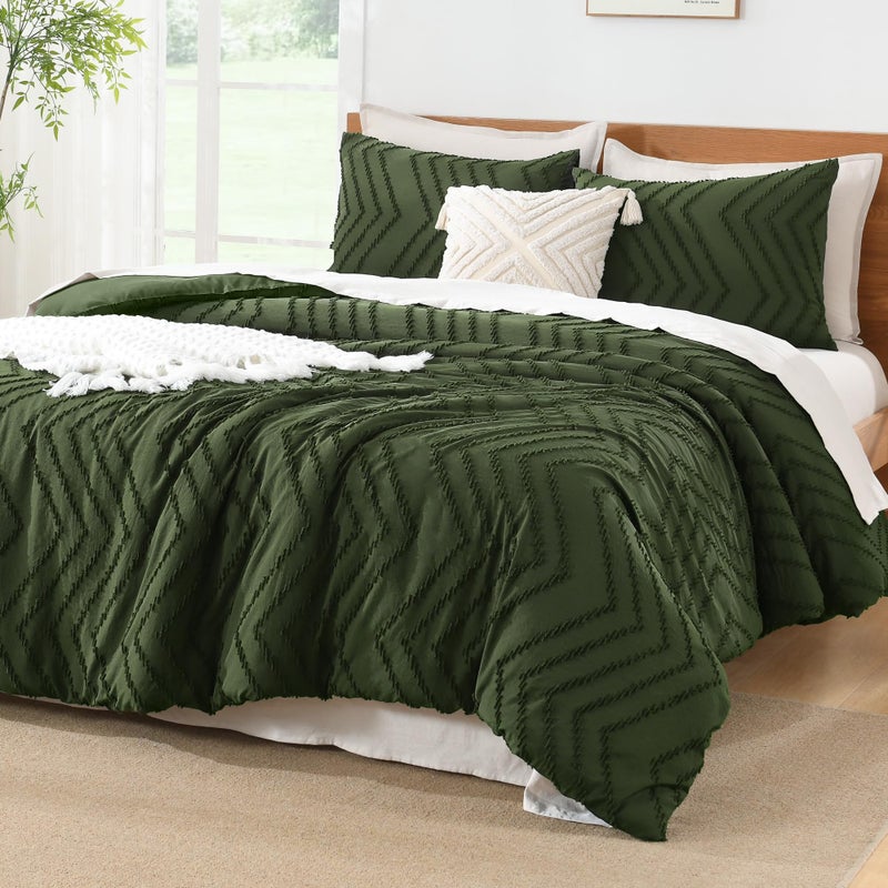 Litanika Dark Olive Green Queen Size Comforter Sets 3 Pieces Lightweight Chevron Tufted Bedding Comforter Set Fluffy Down Alternative Comforter Bed Set Gift Choice