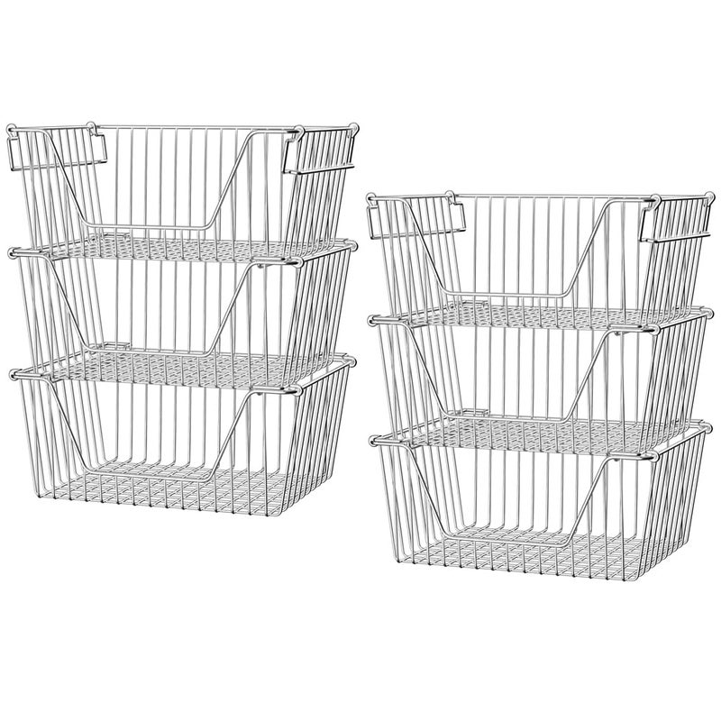 Slideep Stackable Storage Baskets Stainless Steel Cabinet Organizer Sturdy Metal Wire Pantry Freezer Bin for Pantry Home Bathroom Kitchen Organization 6 Packs