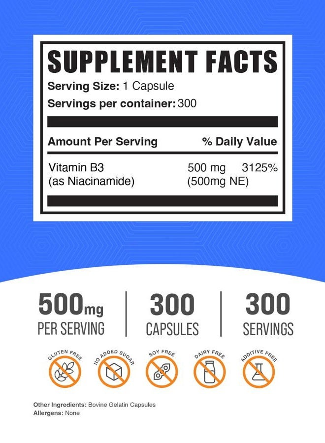 BULKSUPPLEMENTS.COM .com Niacinamide Capsules - Niacinamide Supplement, Vitamin B3 Supplement, Niacinamide 500mg - Gluten Free, 1 Capsule per Serving, 300 Capsules (Pack of 1) - Image 2