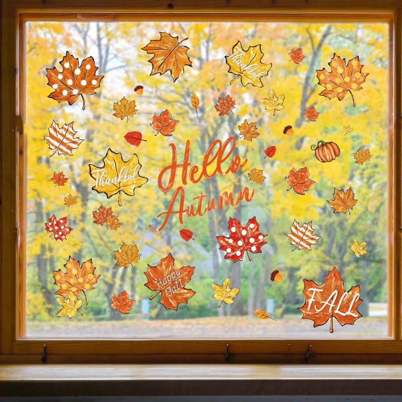 Whaline وايلين 6 ورقة ملصقات نوافذ الخريف مرحبًا بالخريف مخروطات الصنوبر البرتقالية والبنية أوراق القيقب ملصقات نوافذ قابلة لإعادة الاستخدام لعيد الشكر ديكور زجاج نوافذ المنزل - Image 3