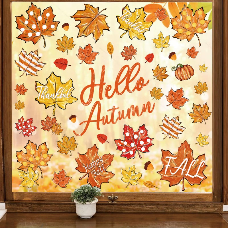Whaline وايلين 6 ورقة ملصقات نوافذ الخريف مرحبًا بالخريف مخروطات الصنوبر البرتقالية والبنية أوراق القيقب ملصقات نوافذ قابلة لإعادة الاستخدام لعيد الشكر ديكور زجاج نوافذ المنزل - Image 1