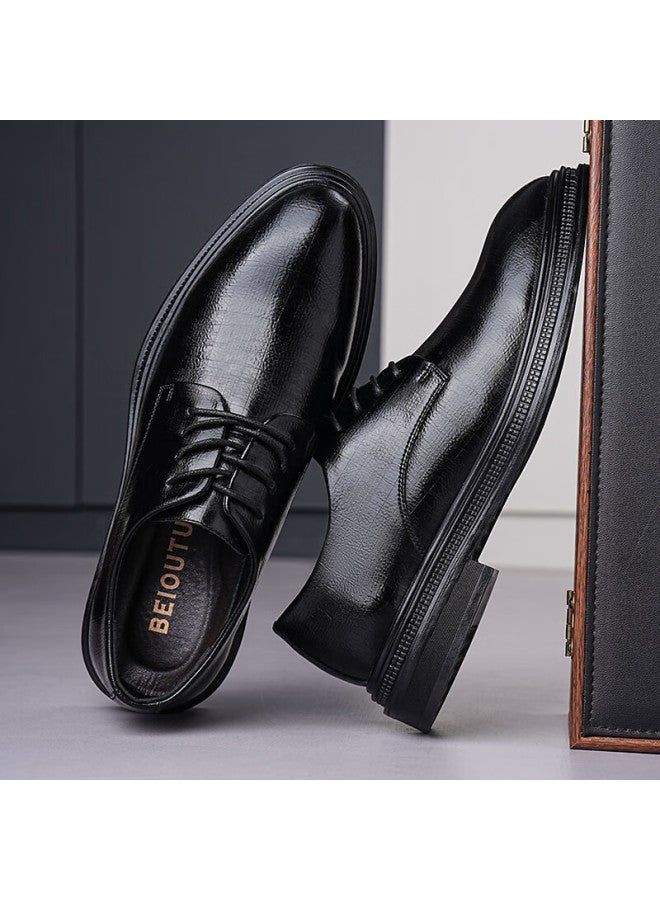 Beioutu Men's Business Casual Shoes With Lace-up Trendy Thick Sole Wear-resistant Formal Shoes Wedding Shoes 12359 Black 40 - Image 4