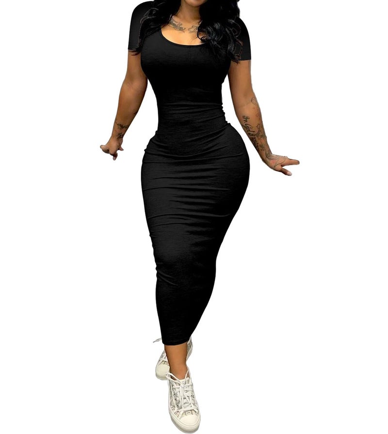 PINSV Women's Casual Bodycon Maxi Dress Summer Scoop Neck Short Sleeve Long Fitted Dresses Club Party XL Black - Image 2