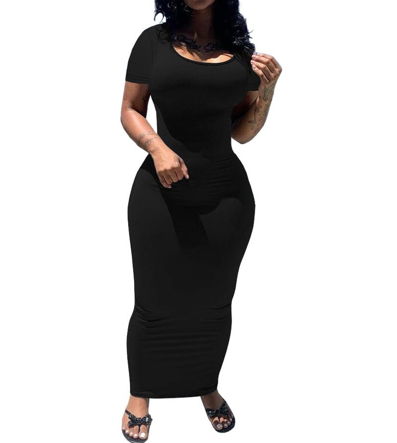 PINSV Women's Casual Bodycon Maxi Dress Summer Scoop Neck Short Sleeve Long Fitted Dresses Club Party XL Black - Image 1