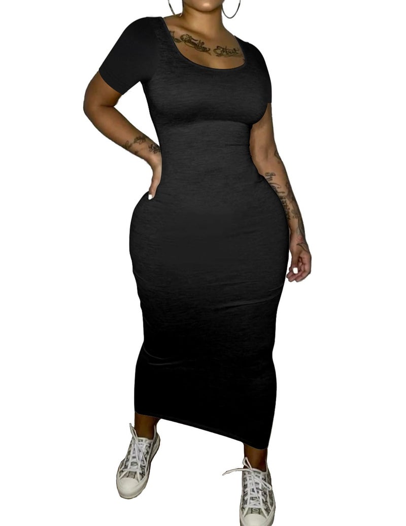 PINSV Women's Casual Bodycon Maxi Dress Summer Scoop Neck Short Sleeve Long Fitted Dresses Club Party XL Black - Image 3