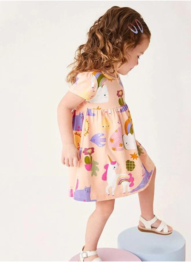 YUNIQEE Cream A-Line Crew Neck Printed Dress