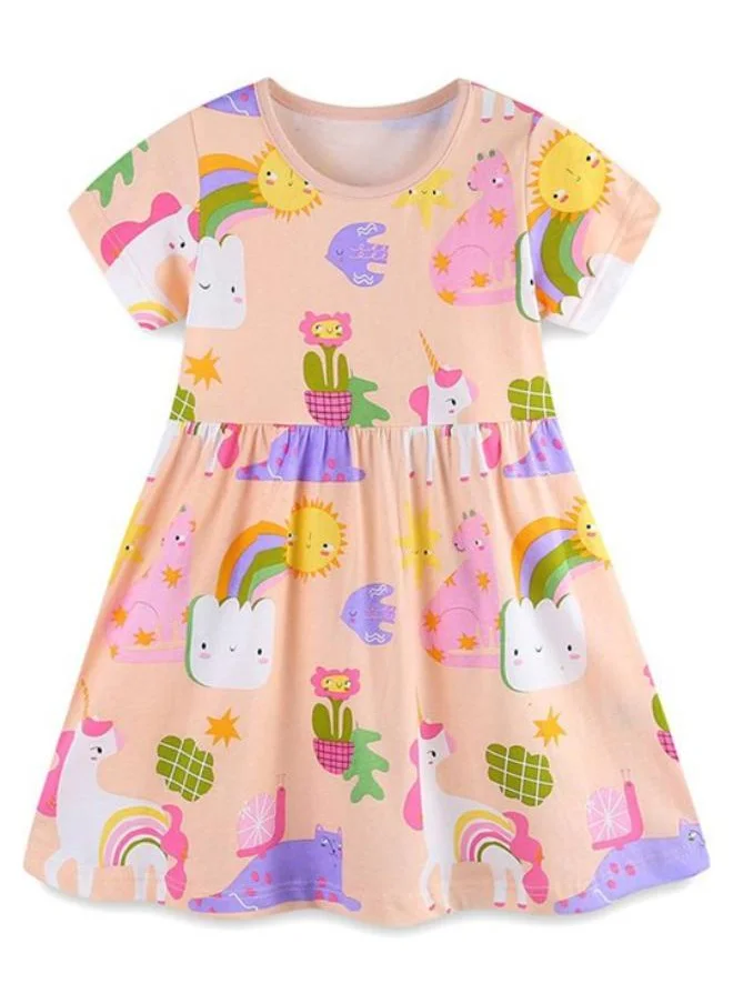 YUNIQEE Cream A-Line Crew Neck Printed Dress