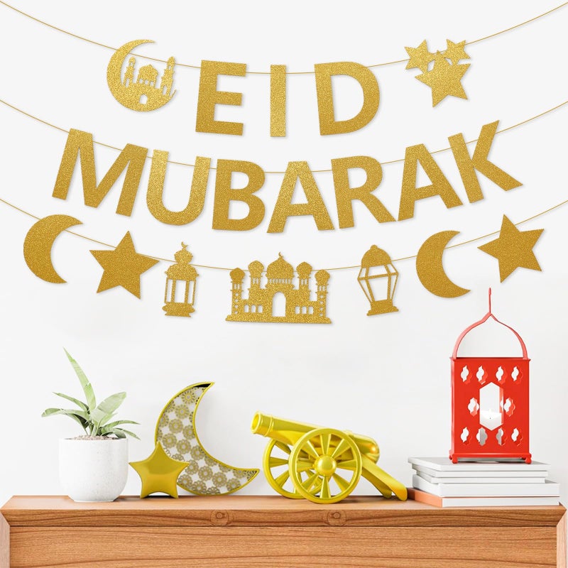 Netnology Eid Mubarak Banner Decorations, 10 ft Gold Glitter Pre-Strung Eid Mubarak Banner with Moon Star Ramadan Mosque for Islam Party Decorations No DIY Required - Image 4
