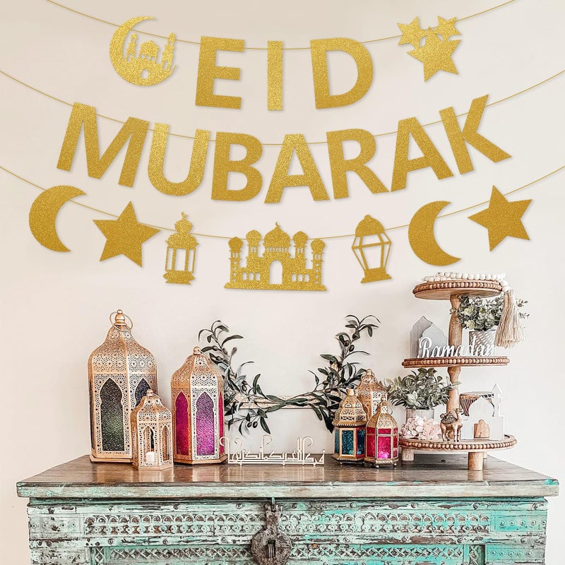 Netnology Eid Mubarak Banner Decorations, 10 ft Gold Glitter Pre-Strung Eid Mubarak Banner with Moon Star Ramadan Mosque for Islam Party Decorations No DIY Required - Image 3