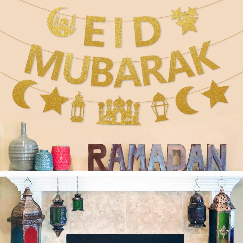 Netnology Eid Mubarak Banner Decorations, 10 ft Gold Glitter Pre-Strung Eid Mubarak Banner with Moon Star Ramadan Mosque for Islam Party Decorations No DIY Required - Image 5