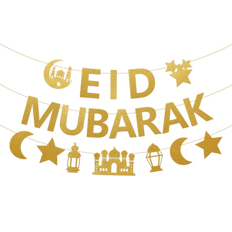 Netnology Eid Mubarak Banner Decorations, 10 ft Gold Glitter Pre-Strung Eid Mubarak Banner with Moon Star Ramadan Mosque for Islam Party Decorations No DIY Required - Image 1