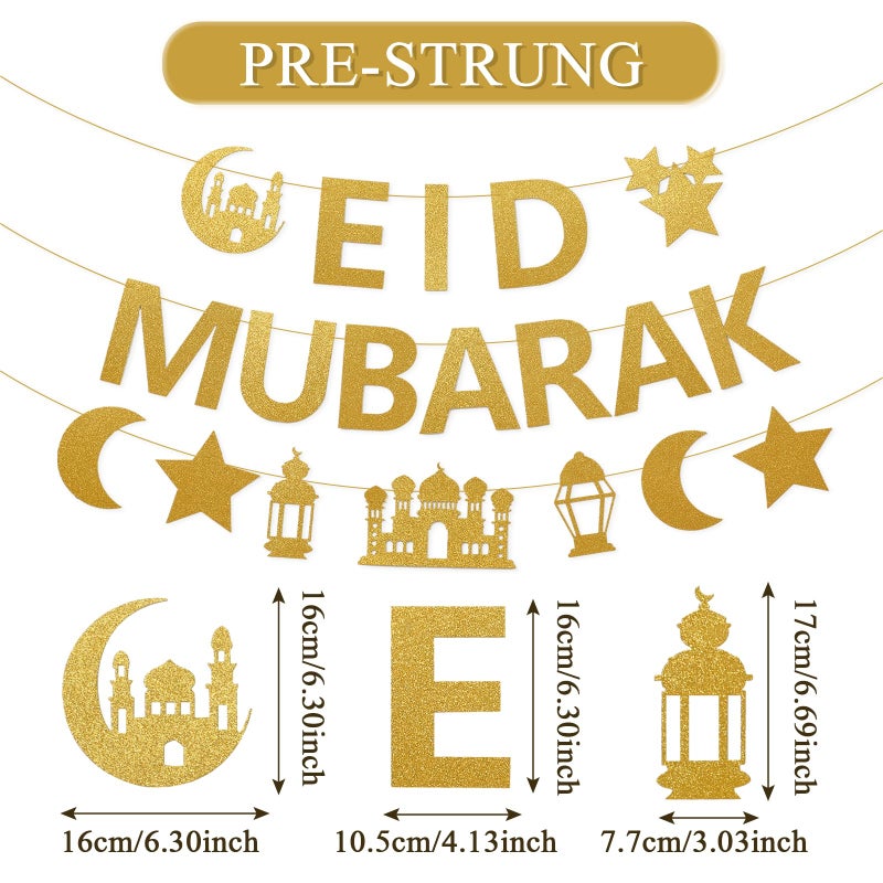 Netnology Eid Mubarak Banner Decorations, 10 ft Gold Glitter Pre-Strung Eid Mubarak Banner with Moon Star Ramadan Mosque for Islam Party Decorations No DIY Required - Image 2