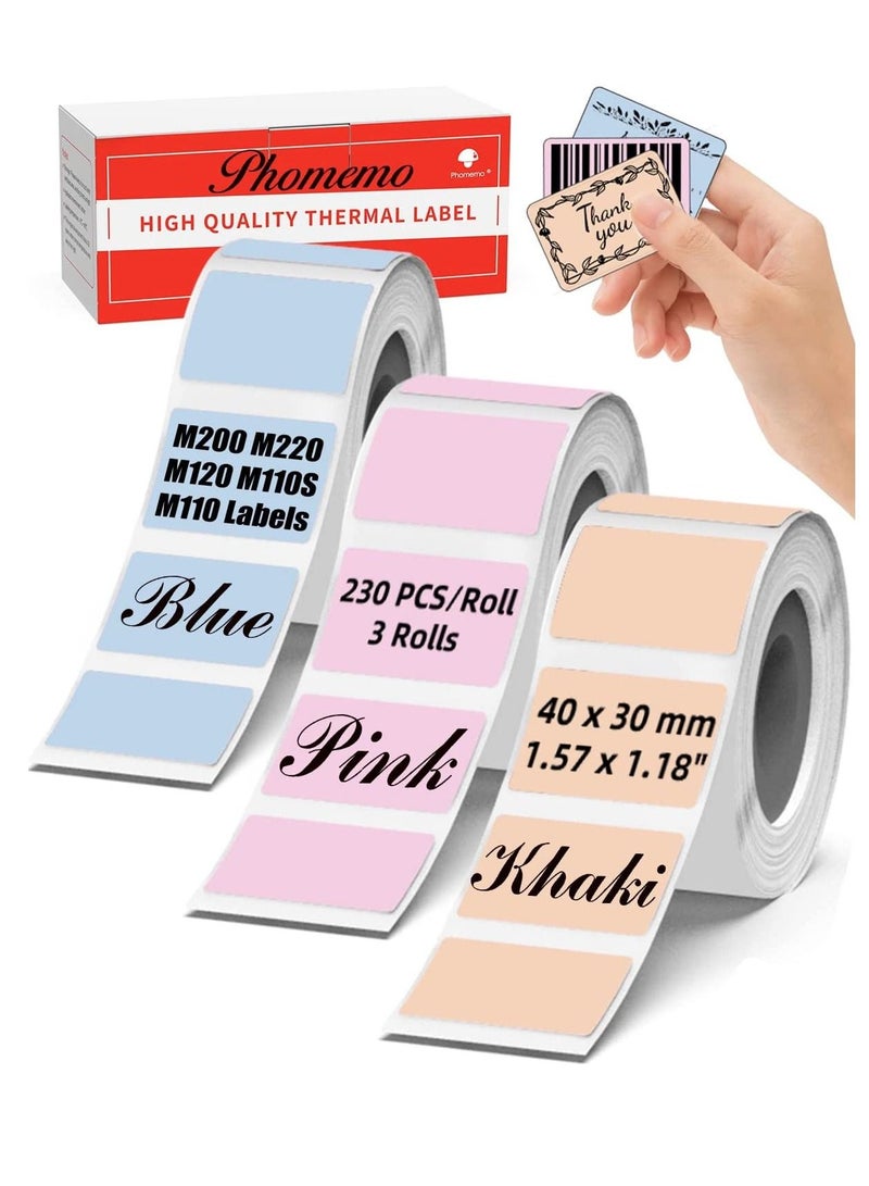 M110 Labels Color M200 Label 40x30MM for M220 M200 M120 M110S M110 Printer Labels - Pink/Khaki/Blue - 230 Pcs/Roll,3 Rolls