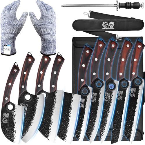 XYJ Professional Serbian Chef Knife Set with Roll Bag, Japanese Culinary Knives, Meat Cleaver, Kitchen Chopping Knife, and Protective Sleeves, Perfect for Home Cooking or Outdoor Camping (13) - Image 1