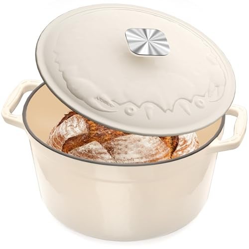 DUTZUN Enameled Cast Iron Dutch Oven - 5QT Dutch Oven Pot with Crab Lid & Oversized Knob & Ergonomic Handles - Heavy Duty Cookware for Braising, Stews, Roasting, Bread Baking - Cream White - Image 1